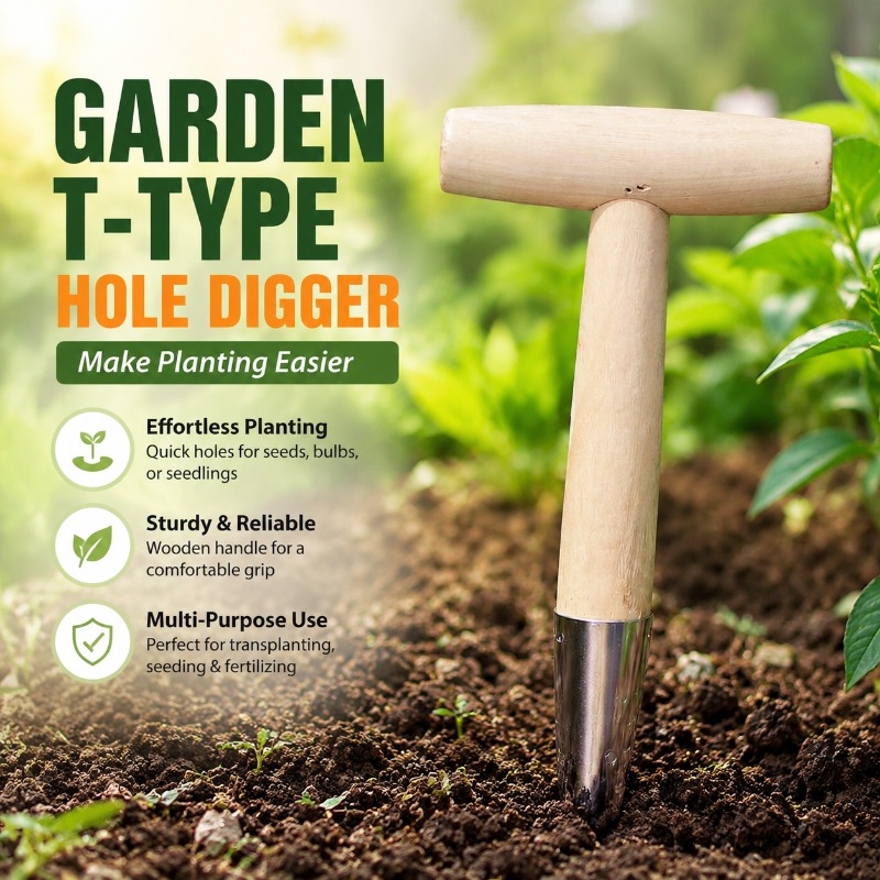 Vegetable Transplanter - T자형 나무 손잡이 정원용 디블러 펀치